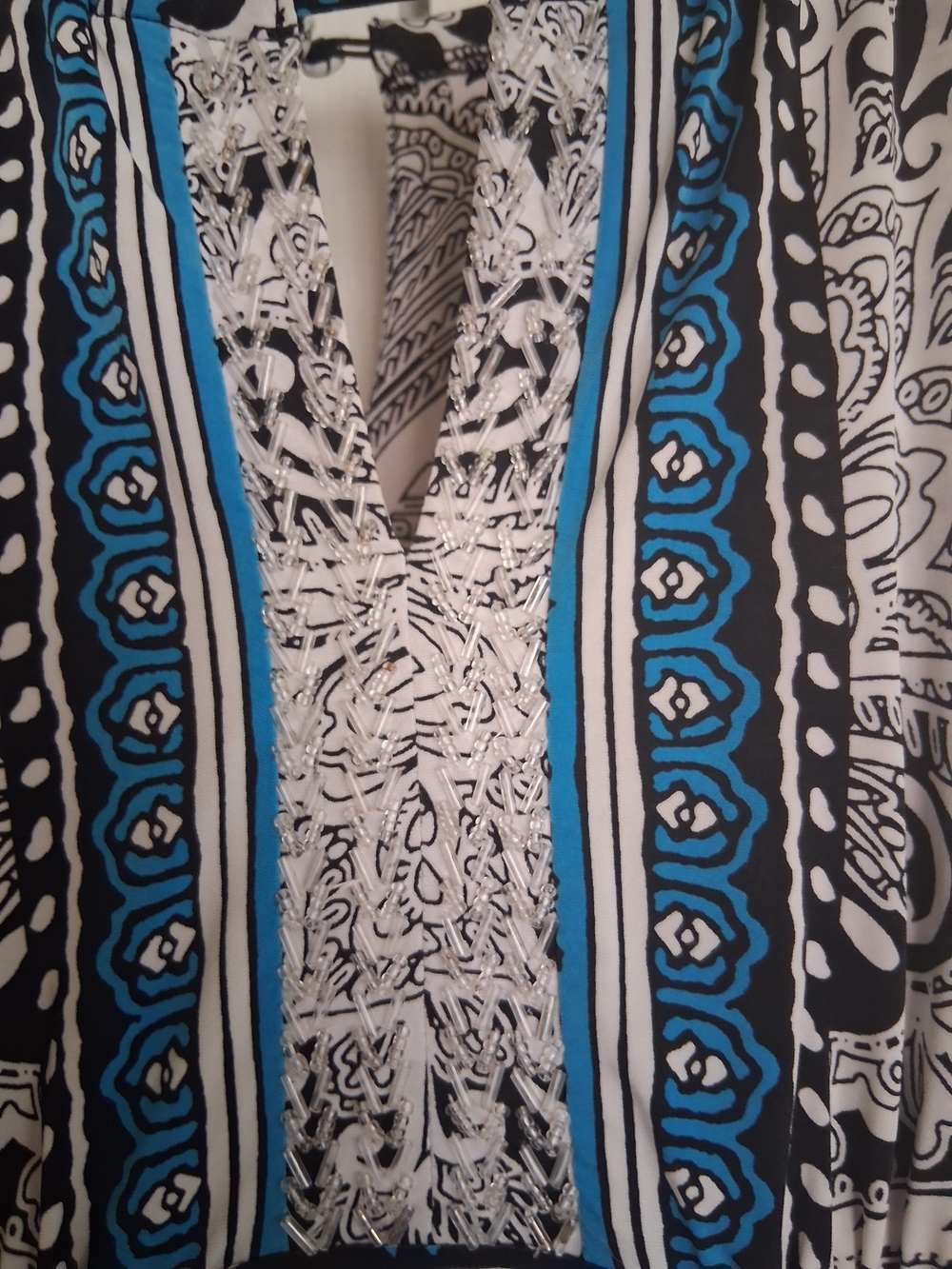 INC International Concepts Black and White Paisley Maxi Dress with Blue Trim - Picture 2 of 6